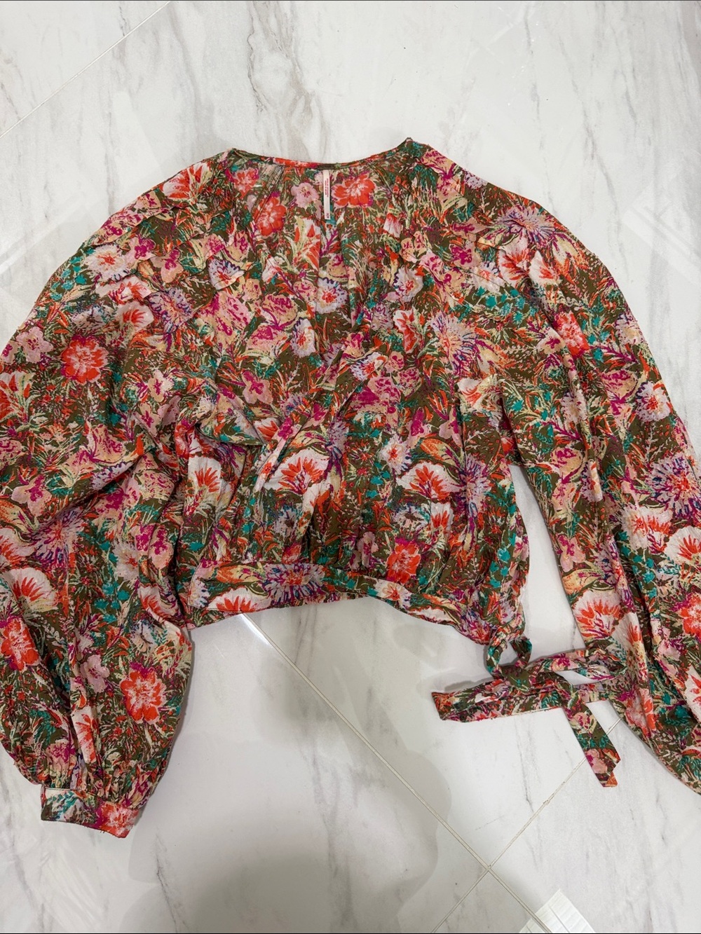 Free People Floral Tie-Waist Puff Sleeve Crop Top - Pink, Green & Brown